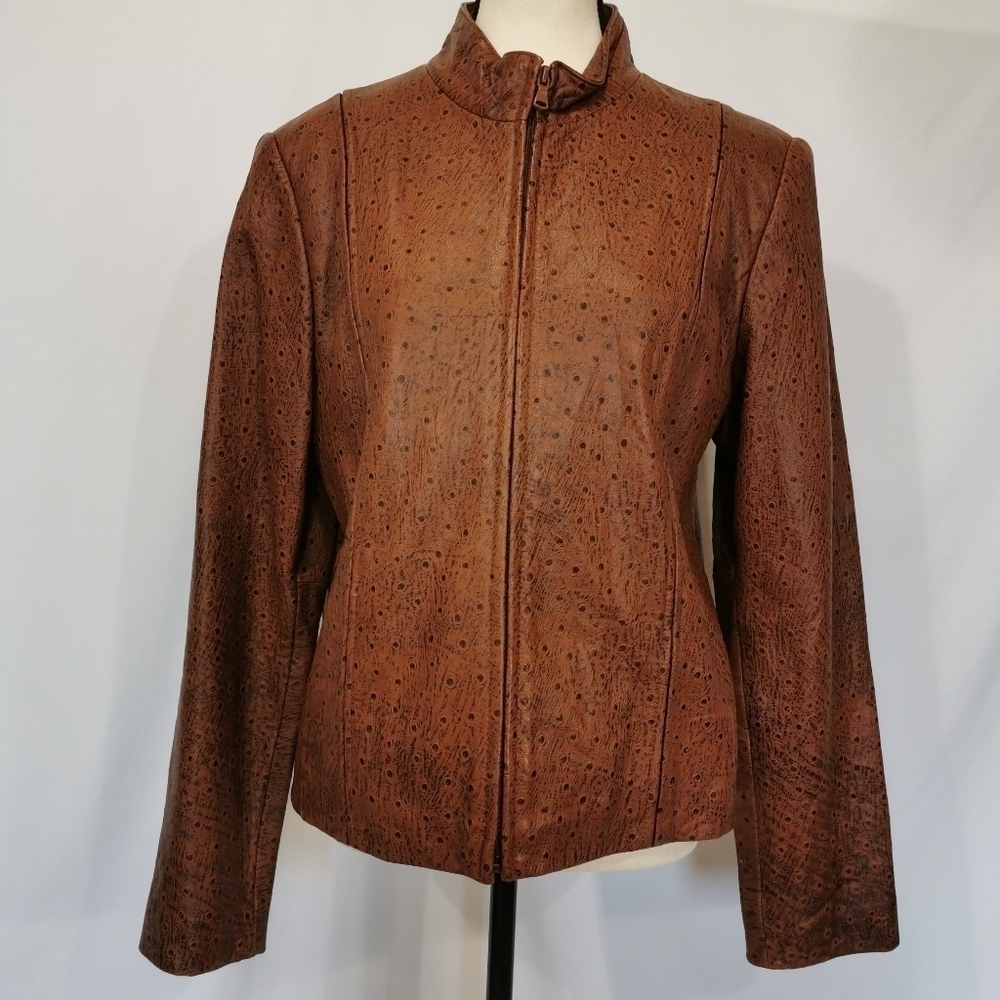 London Underground Ostrich Print Full Zip Leather Jacket in Cognac & Brown -Sz L